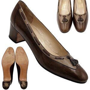 Vintage Salvatore Ferragamo Womens 7.5 Brown Tan Italy Leather Dress Pumps Heels